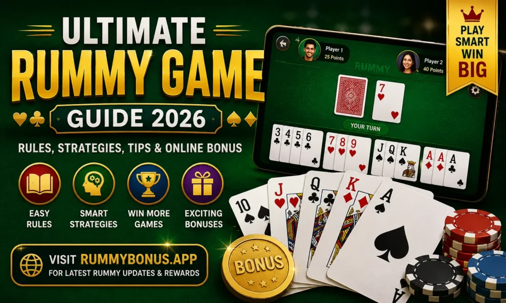 Ultimate rummy game guide 2026 with playing cards, online rummy app interface, tips, strategies and bonus rewards