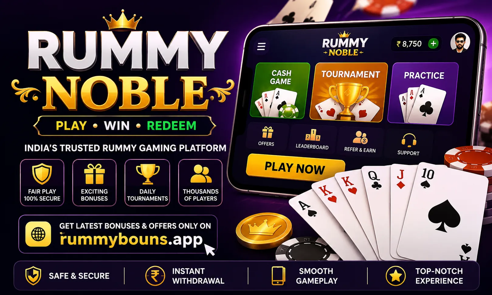Rummy Noble online rummy app banner showing gameplay, bonuses, tournaments, and secure gaming features in 2026
