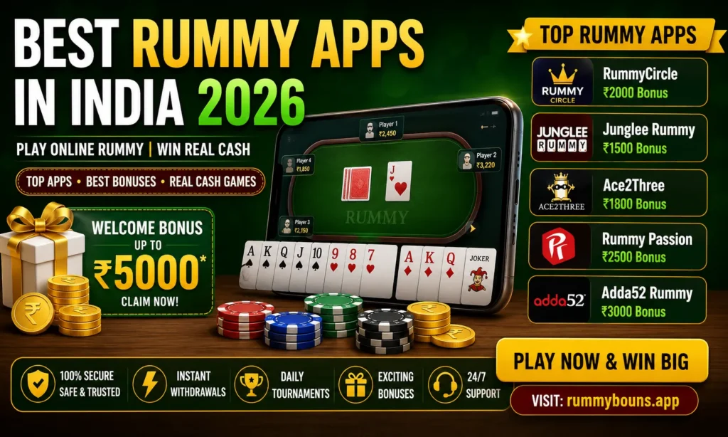 Best rummy apps in India 2026 banner showing top online rummy apps, welcome bonuses, real cash games, and secure gaming platforms