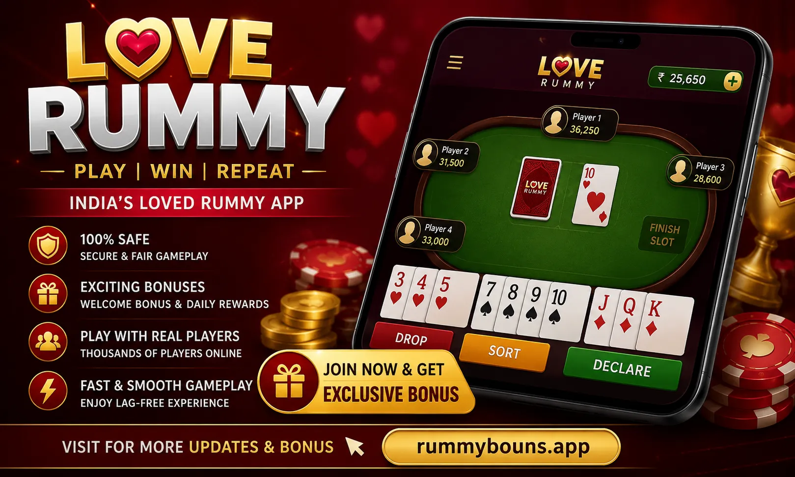 Love Rummy app promotional banner showing gameplay, bonuses, secure gaming, and rummy cards interface