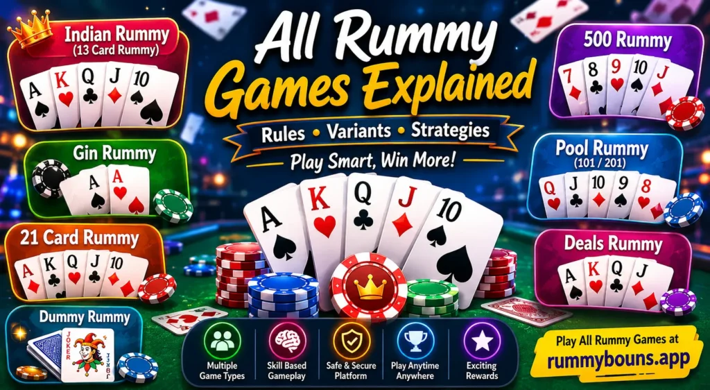 All rummy games guide infographic showing Indian Rummy, Gin Rummy, 21 Card Rummy, Pool Rummy, Deals Rummy with FAQs and strategies for online play at rummybouns.app