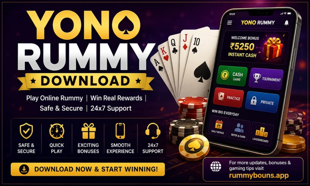 Yono Rummy download promotional image showing mobile app interface, playing cards, rewards, and online rummy gameplay.