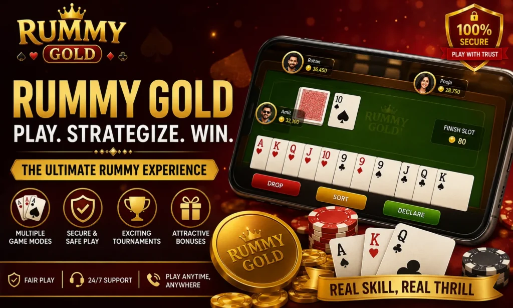 Rummy Gold online rummy game banner with cards, mobile gameplay screen, and gaming features