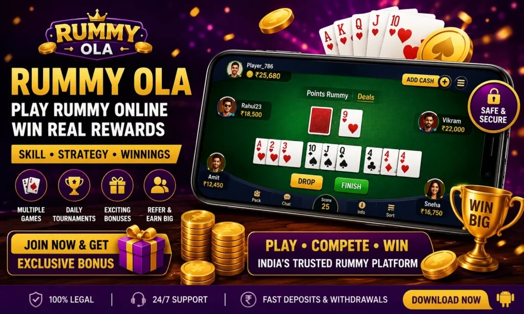 Rummy Ola online rummy game mobile app banner showing cards, coins, rewards, and win real money gameplay interface