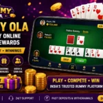 Rummy Ola online rummy game mobile app banner showing cards, coins, rewards, and win real money gameplay interface