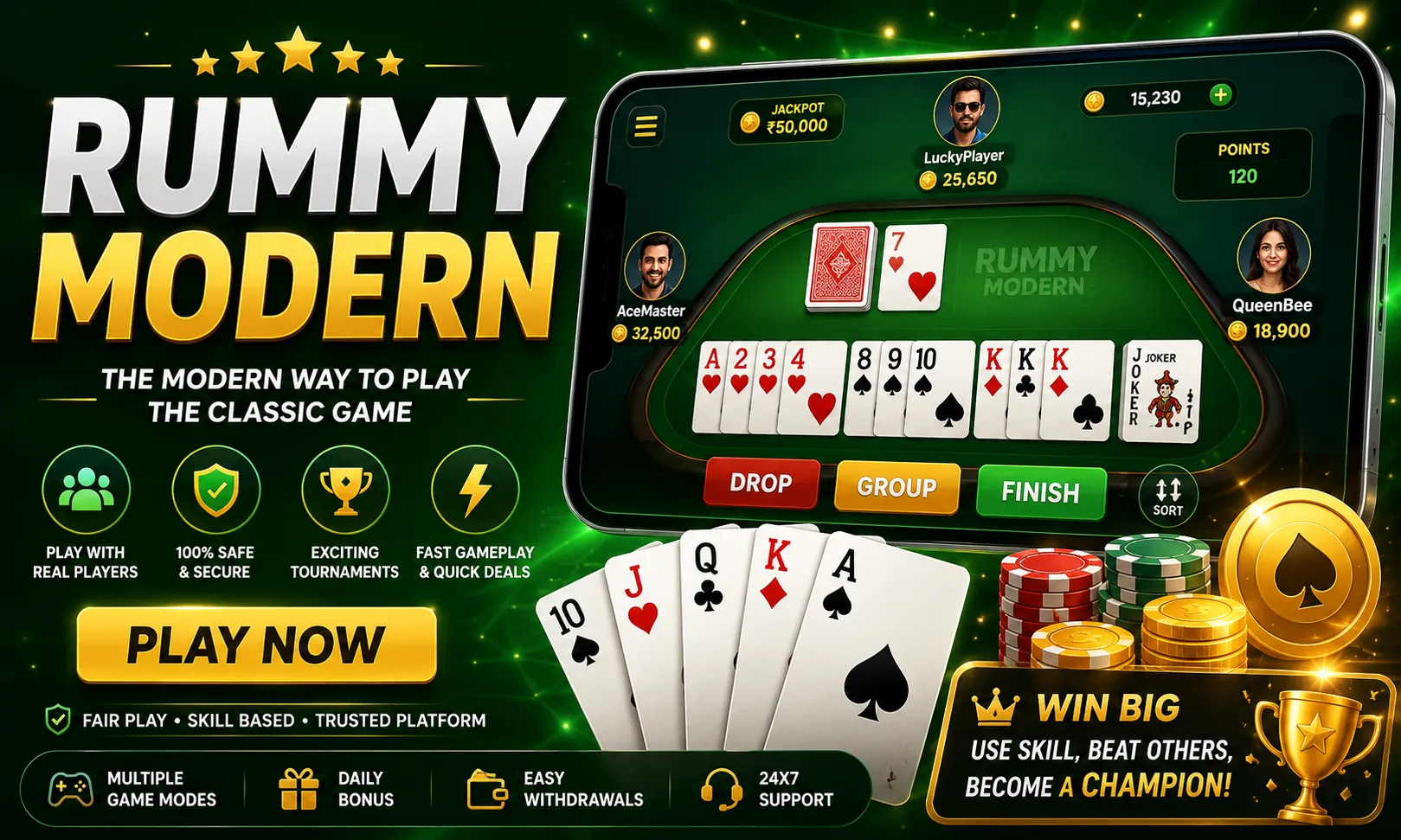Rummy Modern online rummy game banner showing mobile gameplay interface, cards, chips, and modern casino style design for 2026 gaming platform