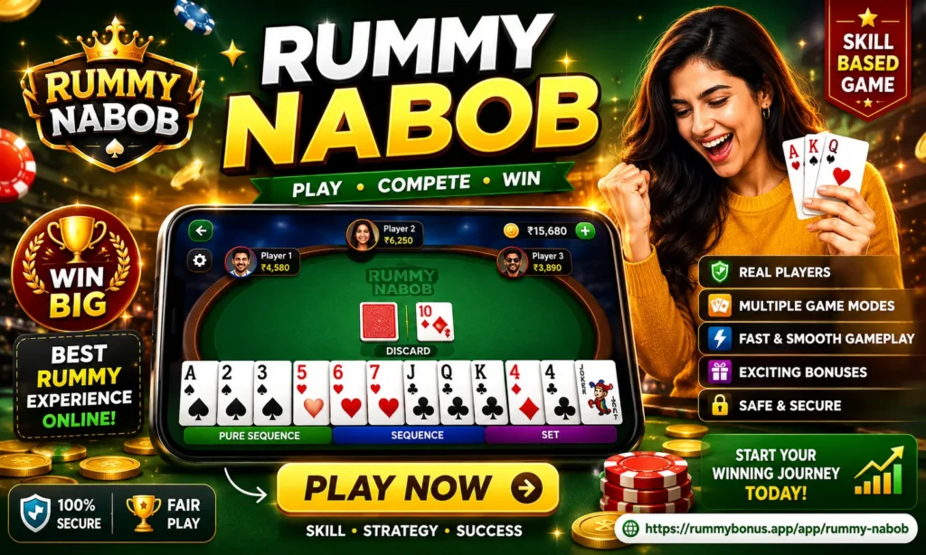 Rummy Nabob online rummy game promotional banner showing gameplay interface, rewards, and skill-based card game features