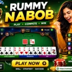 Rummy Nabob online rummy game promotional banner showing gameplay interface, rewards, and skill-based card game features